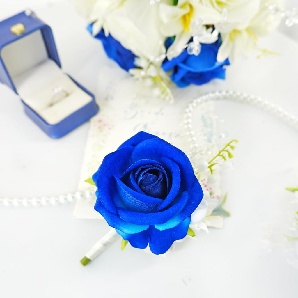 1Pc Royal Blue & White Boutonniere for Men Wedding Prom Suit Flower