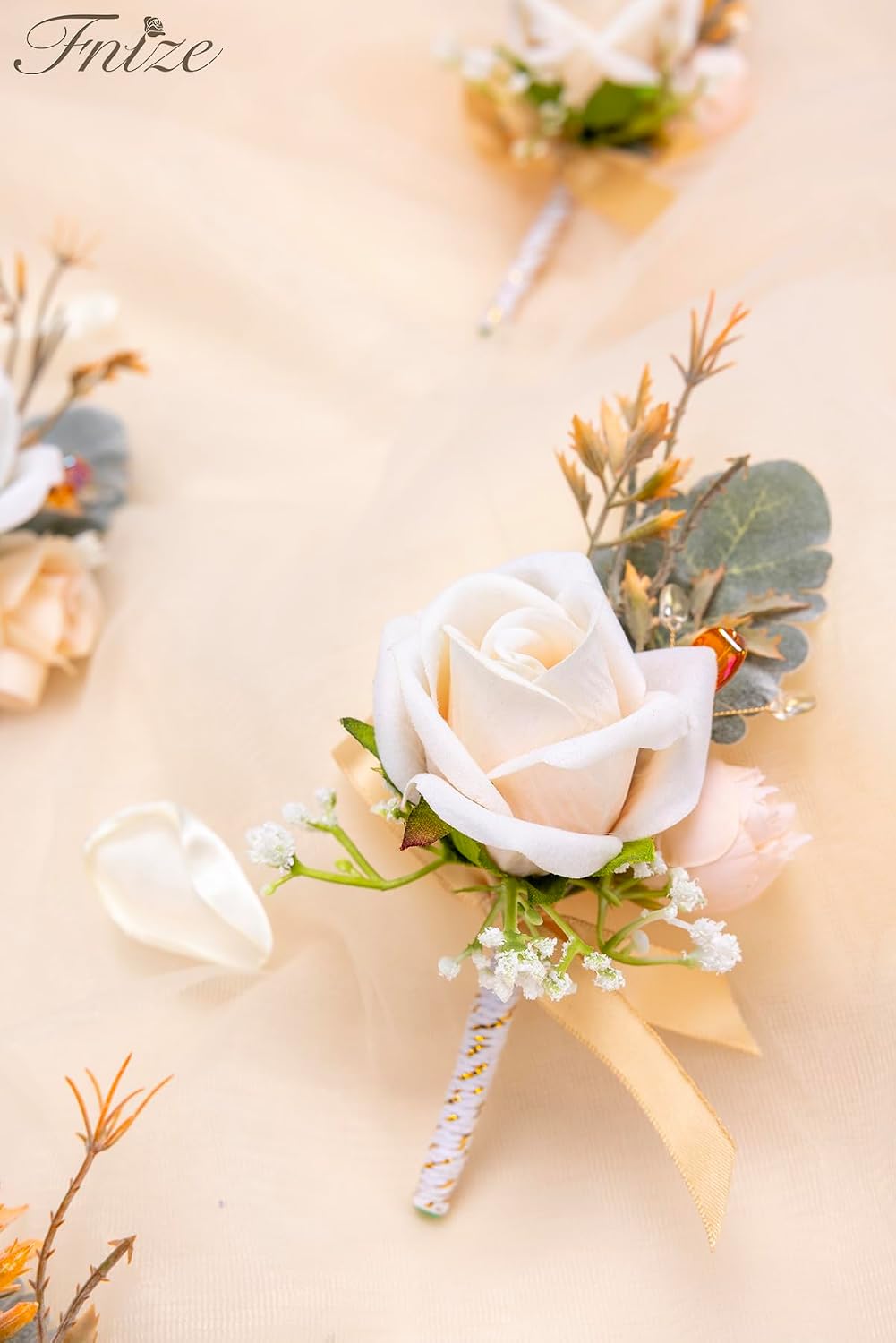 Fnize Champagne Boutonniere for Men Set of 6 Groom Groomsmen Wedding Flower