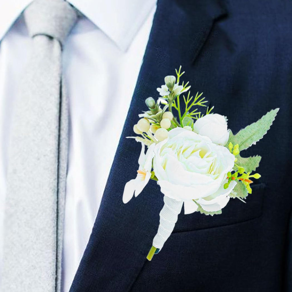 Bride Wedding Rose Boutonniere Groom Flower Buttonholes Prom Suit Decoration for Men and Groomsmans (Red)