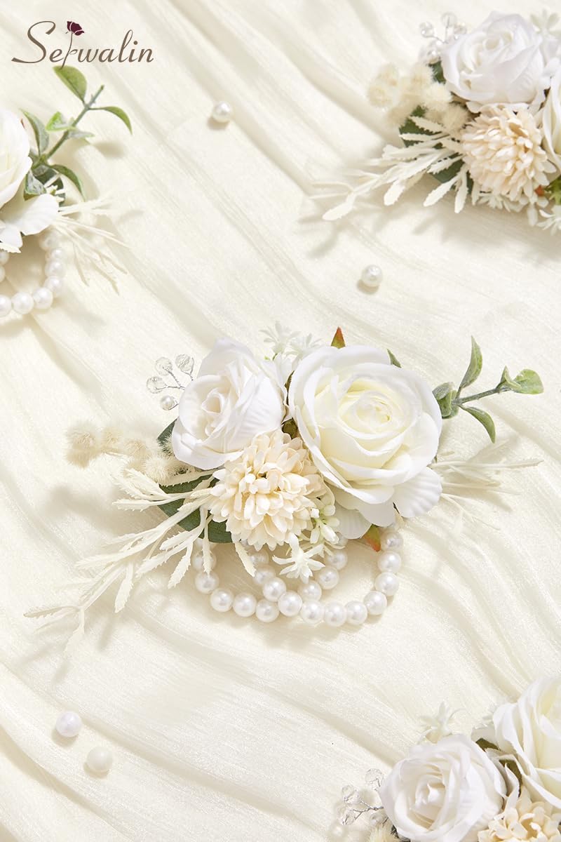 Serwalin 6 Pcs White Rose Wrist Corsage Wristlet for Wedding Prom Party