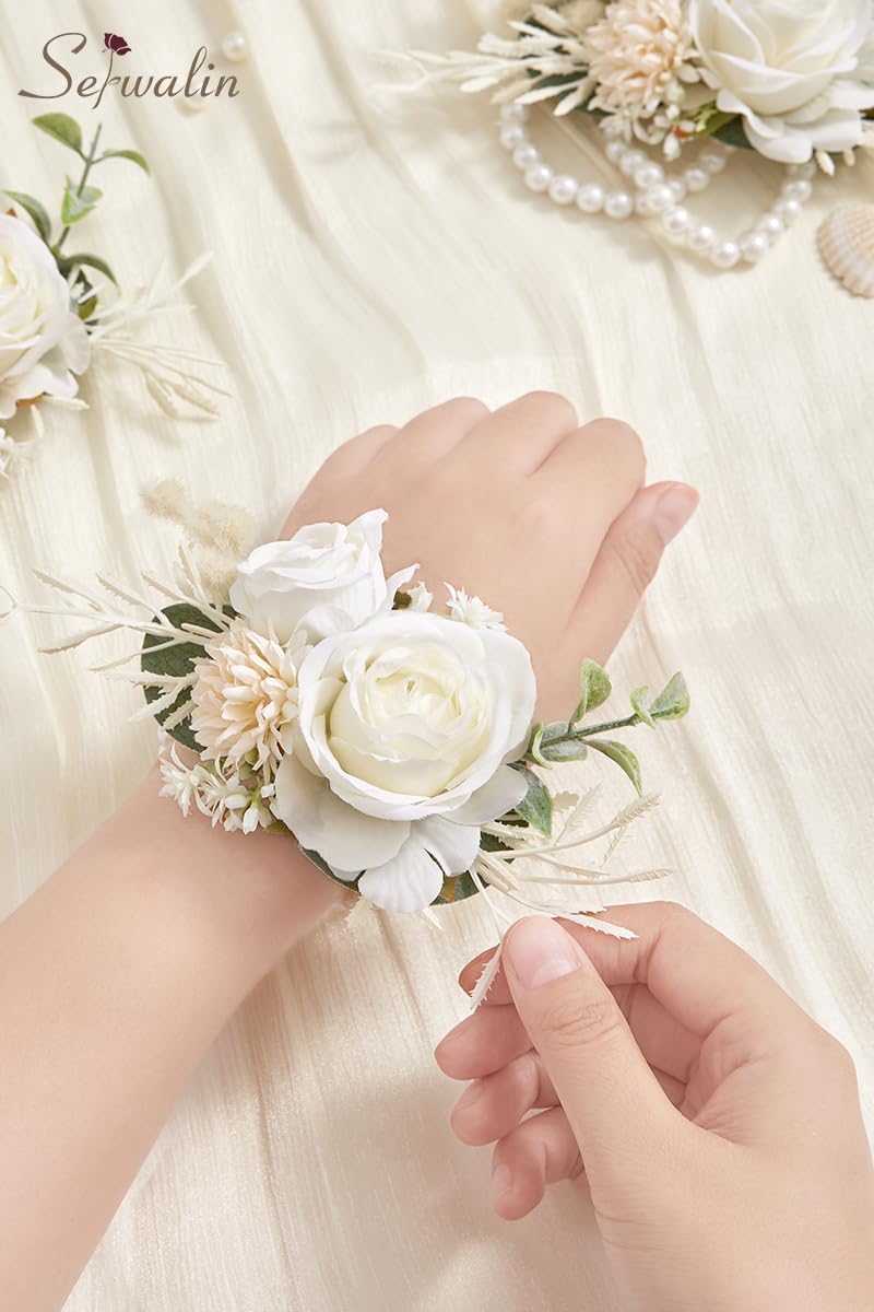 Serwalin 6 Pcs White Rose Wrist Corsage Wristlet for Wedding Prom Party