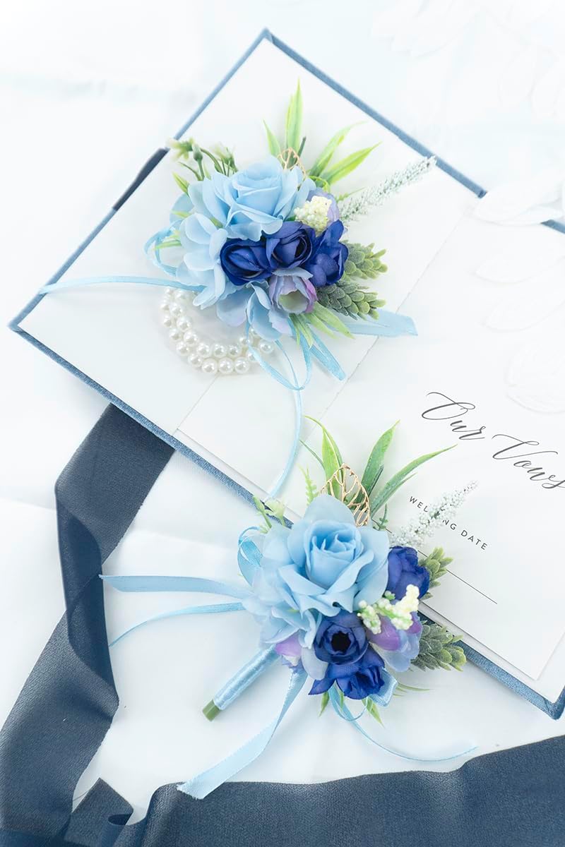 2Pcs Blue Wrist Corsage and Boutonniere Set for Prom Wedding