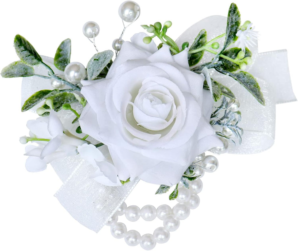 White Rose Wrist Corsages for Wedding Ceremony Anniversary, Wrist Corsages for Mother of Bride and Groom, Artificial Flowers Wrist Corsage for Bridesmaid Girl Party Prom