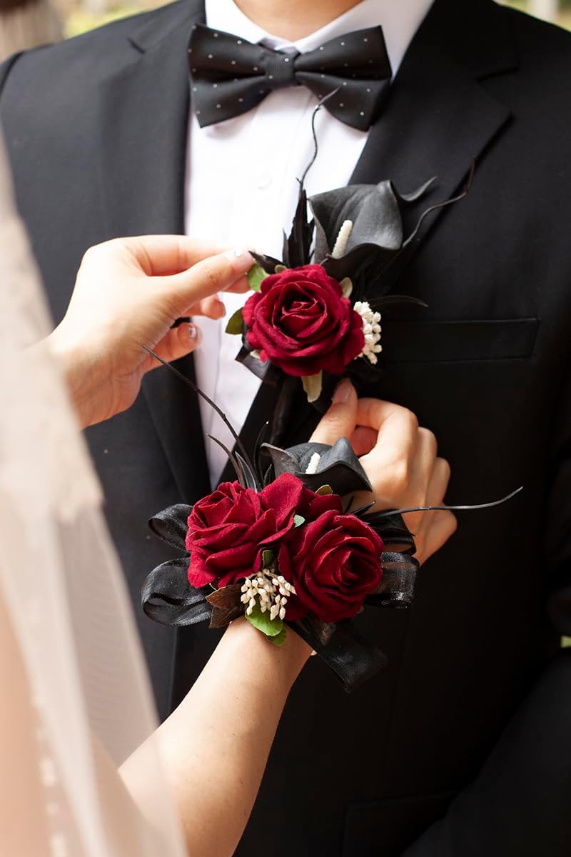 Black Burgundy Corsage and Boutonniere Set for Wedding Prom