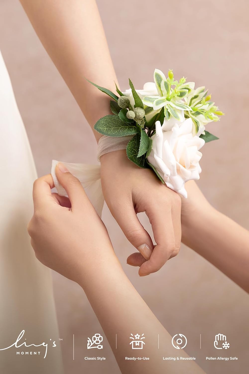 Ling's moment Corsage Wristlet, Prom Wrist Decor, White Ivory, 2pcs