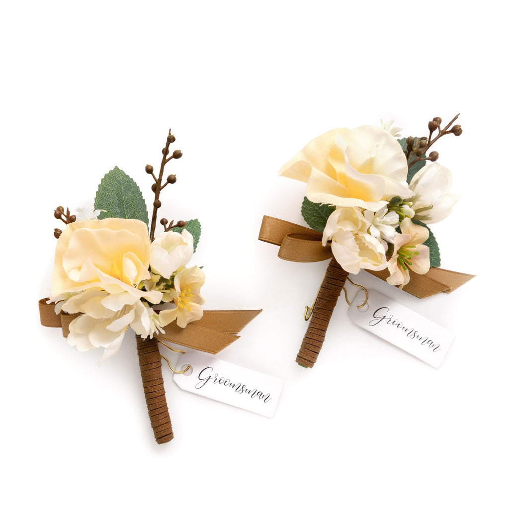 Ling's moment Boutonniere for Men, 2pcs, White Ivory