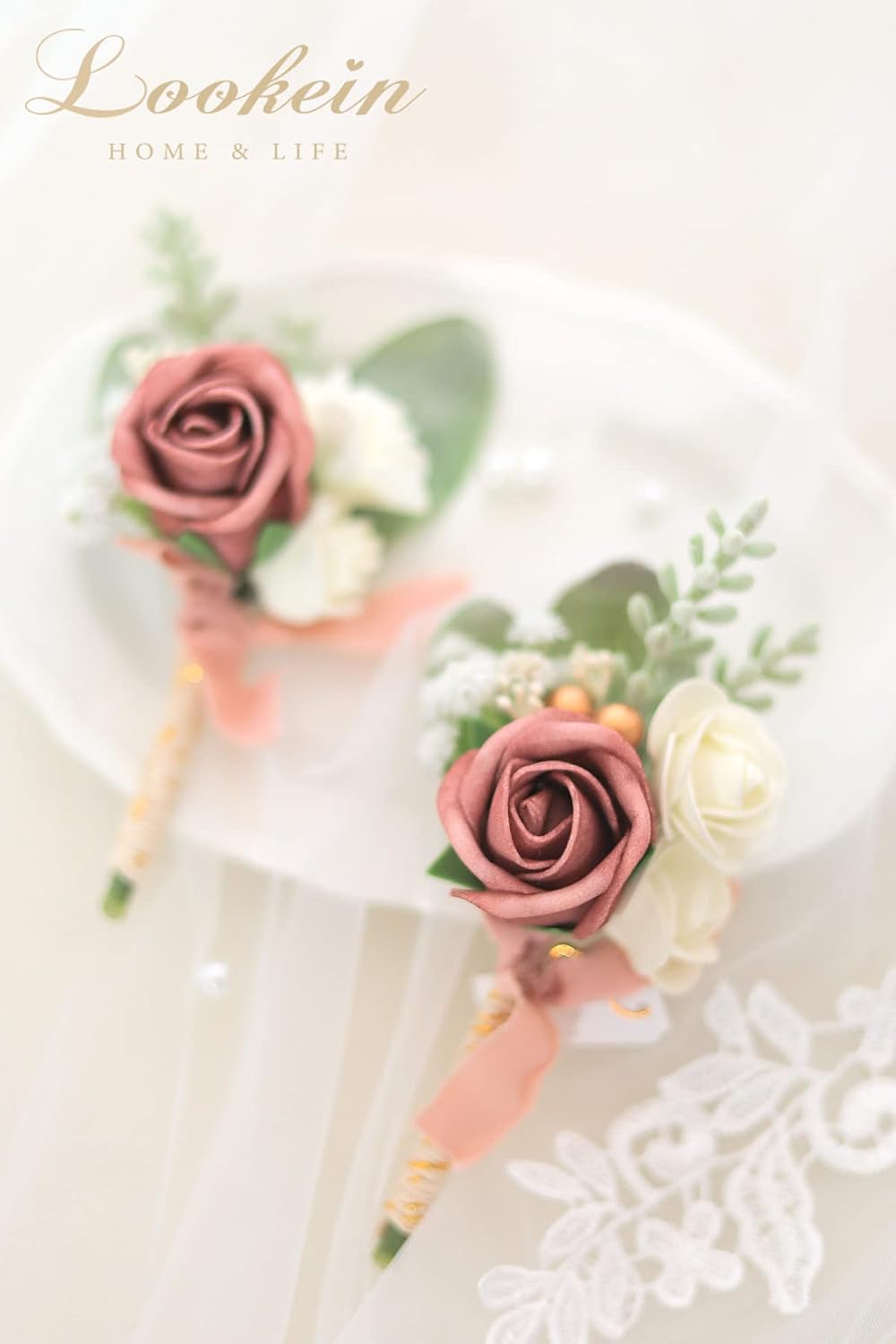 Lookein Set of 2 Wedding Boutonniere for Men Artificial Flowers Wedding Groom Groomsmen Boutonniere for Wedding Ceremony Anniversary Formal Dinner Party, Dusty Rose