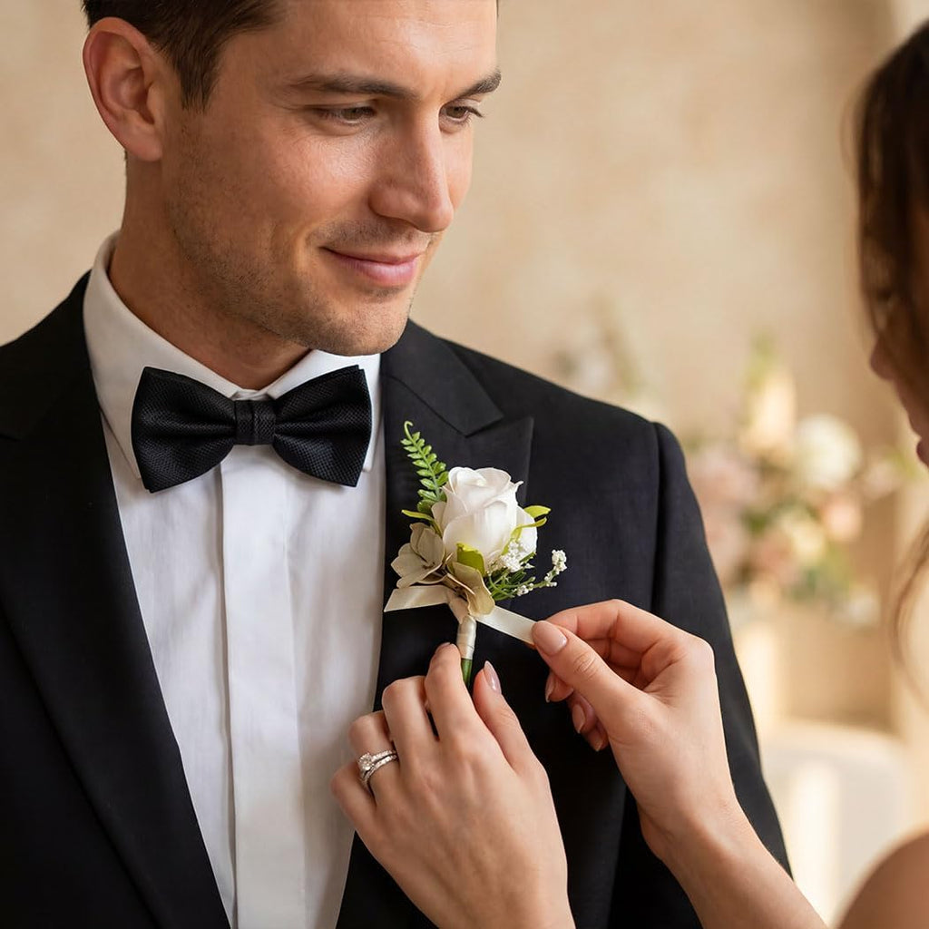 Catery White Rose Boutonniere for Men Flowers Boutonniere for Groom