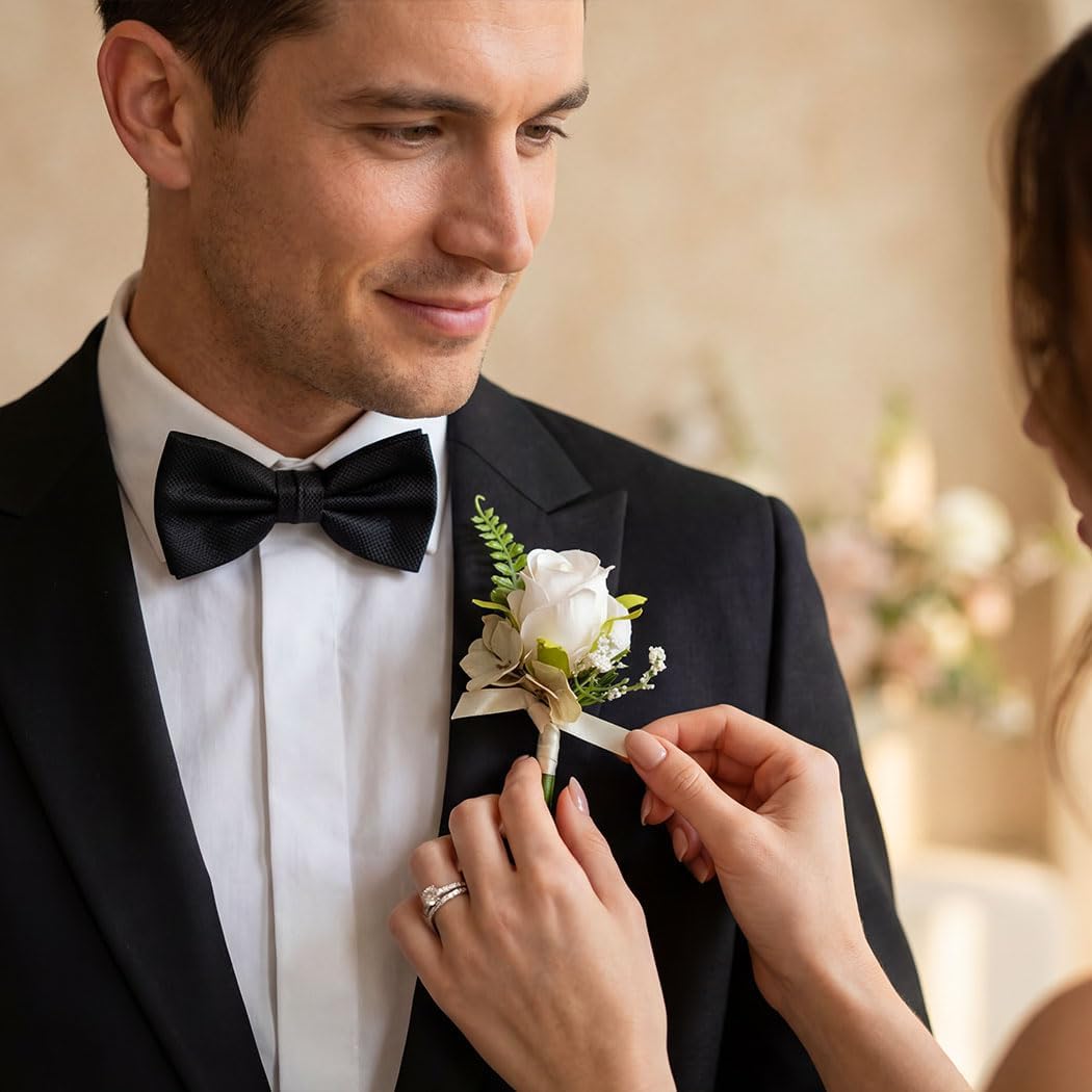 Catery White Rose Boutonniere for Men Flowers Boutonniere for Groom