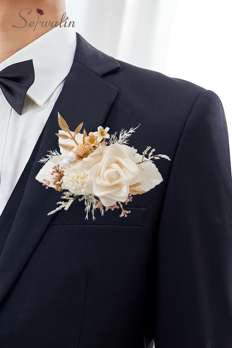 Serwalin 2Pcs Champagne Rose Boutonniere for Men Wedding Prom Party 6-7Inch
