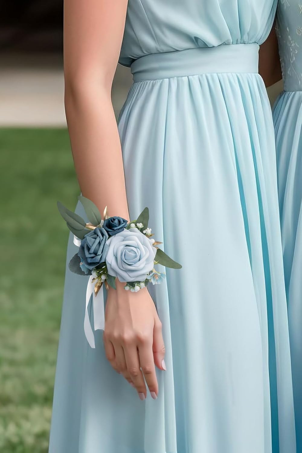 Set of 2 Wrist Corsage Wristlet for Wedding Bridesmaid Mother Grandmother for Bridal Shower Wedding Artificial Roses Flower Prom (Dusty Blue)