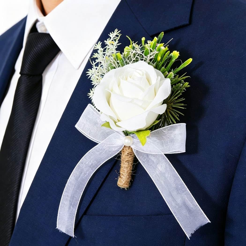 Wedding Rose Boutonniere White Groom Flower Men's Boutineer Prom Buttonholes Party Suit Decor Anniversary Accessories for Bridegroom and Man (A- White)