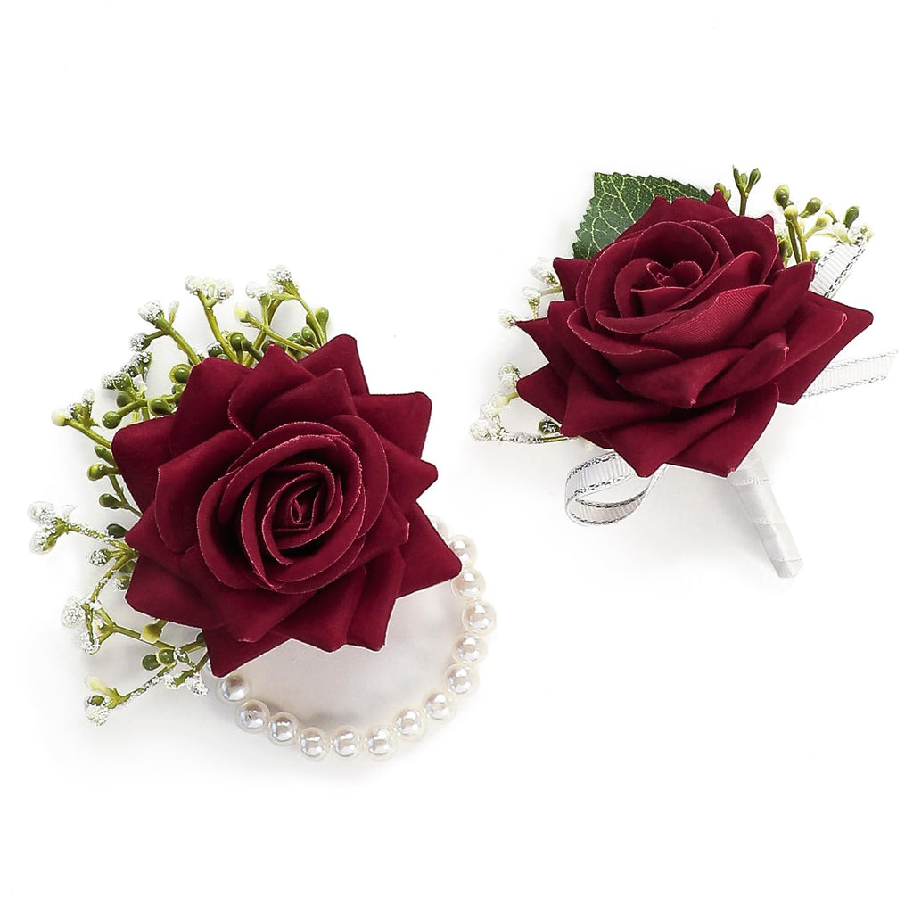 Floroom Royal Blue Rose Wrist Corsage Wristlet Band Bracelet and Men Boutonniere Set for Wedding Flower Accessories Prom Suit Decorations