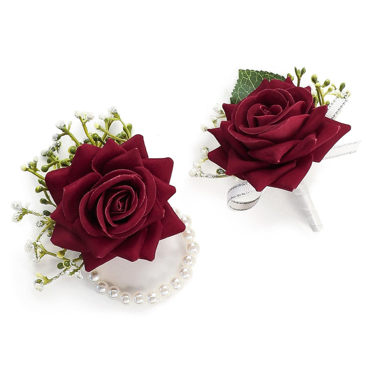 Floroom Royal Blue Rose Wrist Corsage Wristlet Band Bracelet and Men Boutonniere Set for Wedding Flower Accessories Prom Suit Decorations