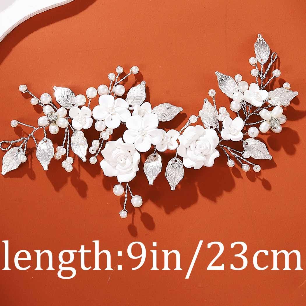 Unicra Flower Bride Wedding Hair Vine Pearl Bridal Hair Piece Leaf Hair Accessories Rhinestone Headband for Women (9inches) (Silver)