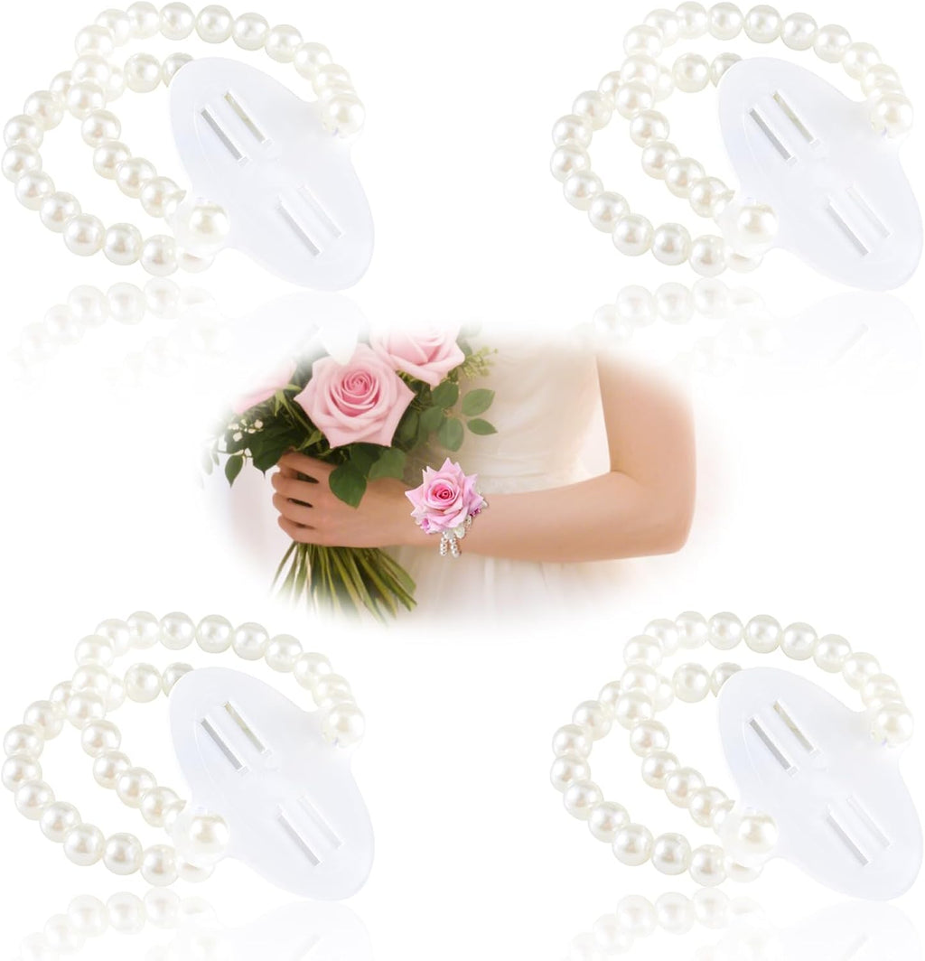 HIONXMGA Corsage Wristlet Band 4 Pcs Pearl Wrist Corsage Bracelets Bands