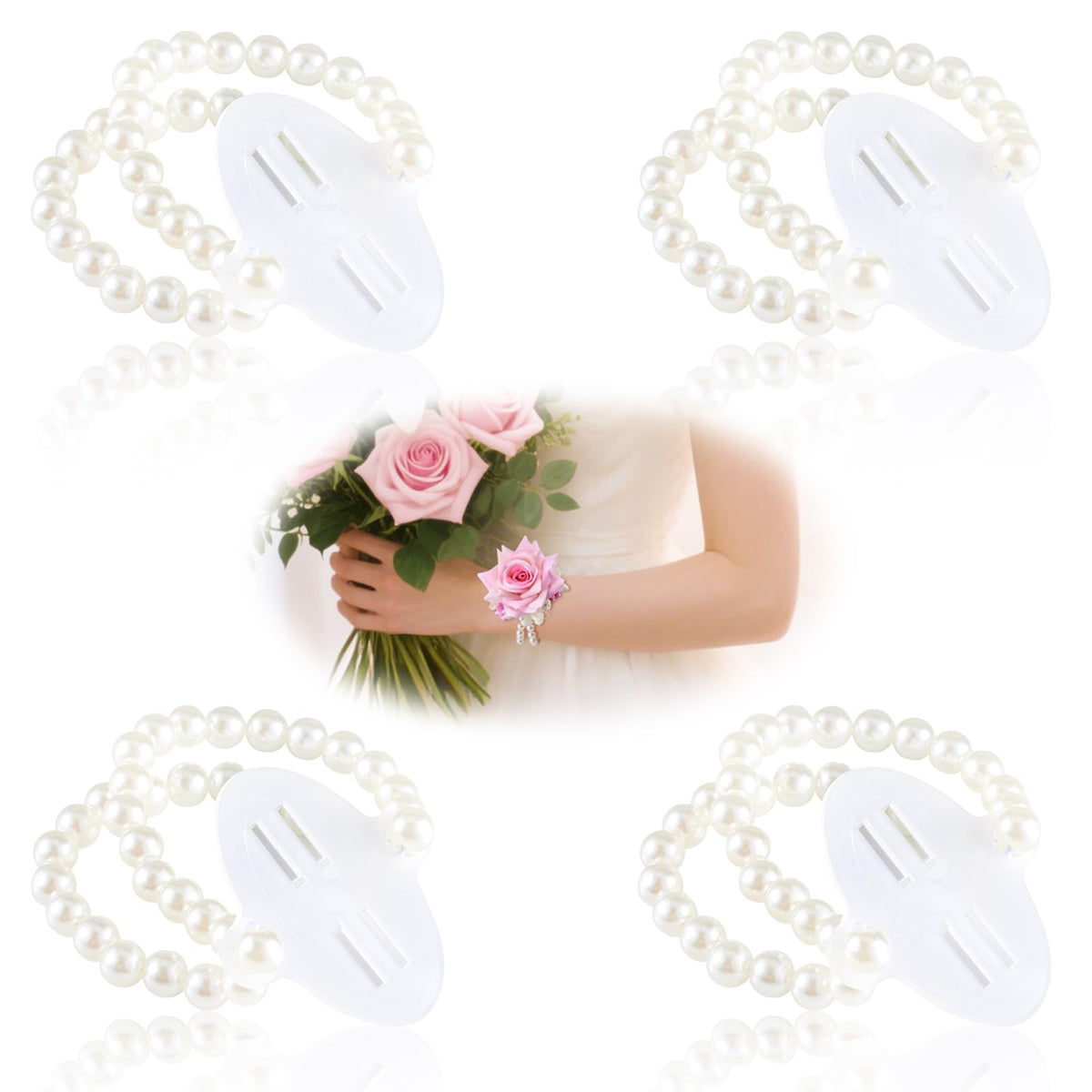 HIONXMGA Corsage Wristlet Band 4 Pcs Pearl Wrist Corsage Bracelets Bands