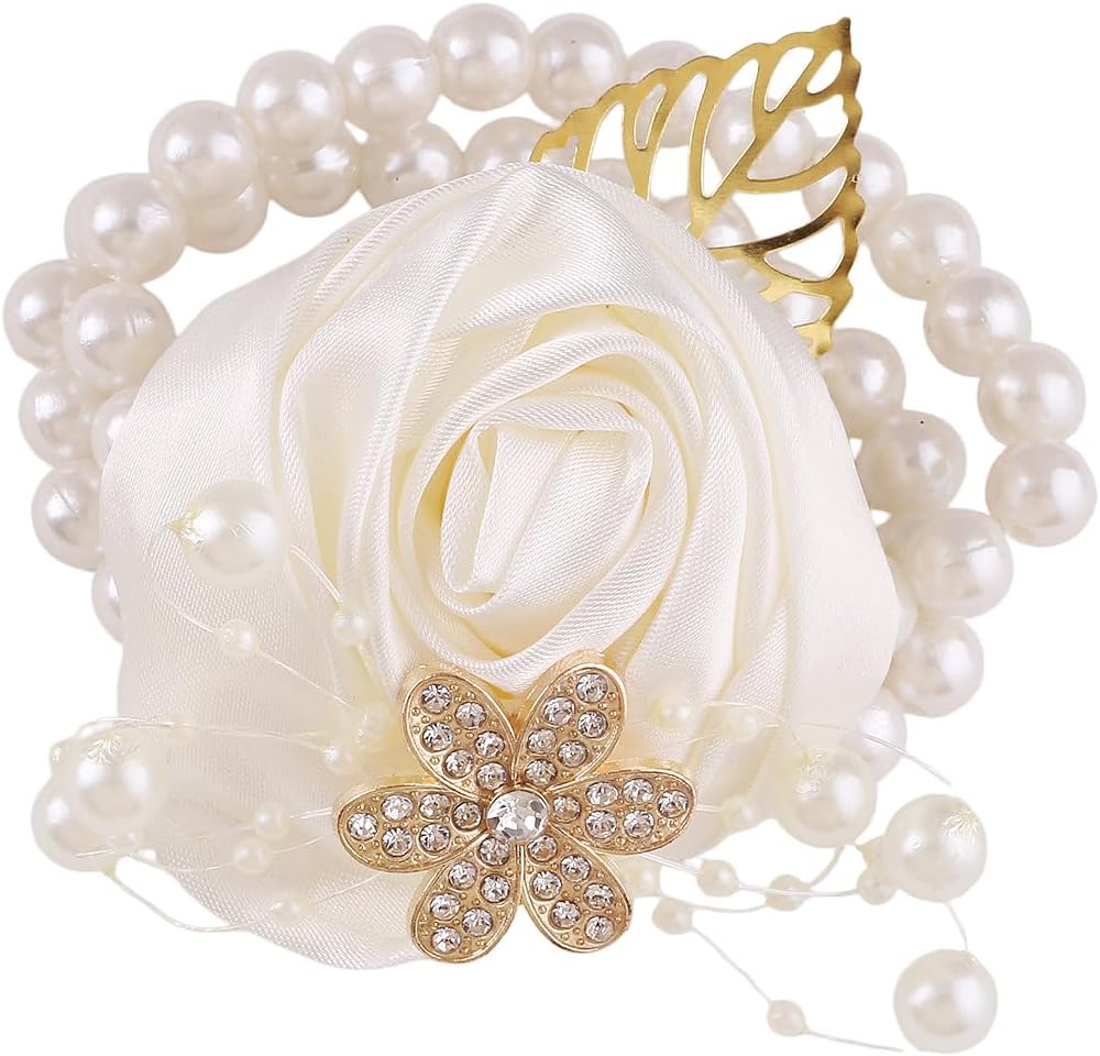 Satin Rose Bridal Wrist Corsage with Pearl Beads and Rhinestones, Elegant Wedding Corsage for Bridesmaids and Prom (Ivory)