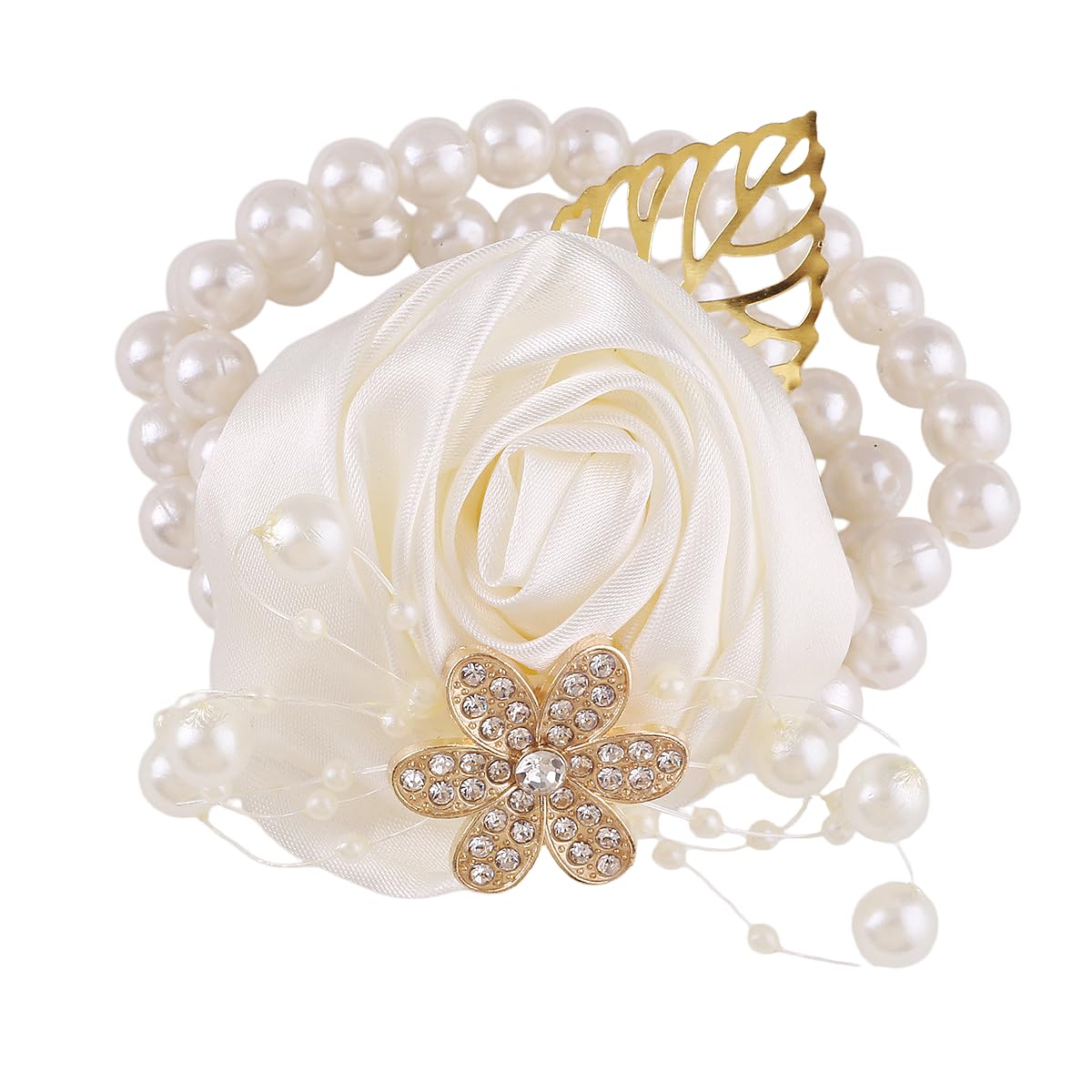 Satin Rose Bridal Wrist Corsage with Pearl Beads and Rhinestones, Elegant Wedding Corsage for Bridesmaids and Prom (Ivory)