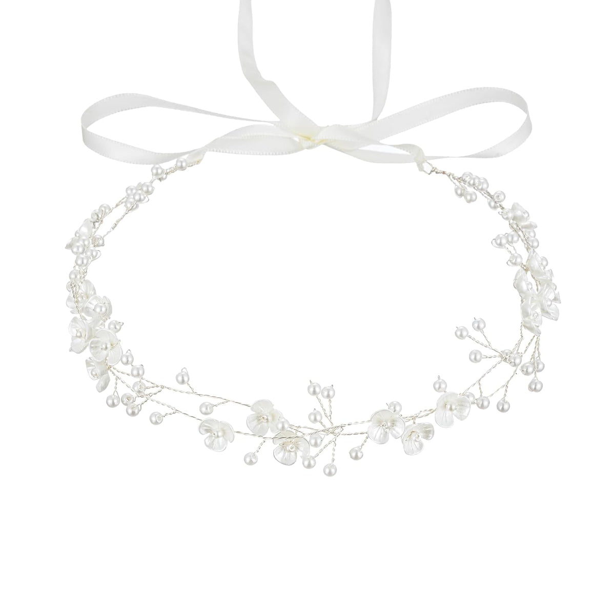 527&huan White Flowers Pearls Bridal Headband, Handmade Silver Wire Woven Wedding Hair Vine with Satin Ribbon, Lightweight Wedding Hair Accessory for Bride Flower Girl Bridesmaid Prom Pageant