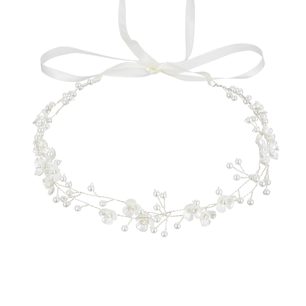 527&huan White Flowers Pearls Bridal Headband, Handmade Silver Wire Woven Wedding Hair Vine with Satin Ribbon, Lightweight Wedding Hair Accessory for Bride Flower Girl Bridesmaid Prom Pageant