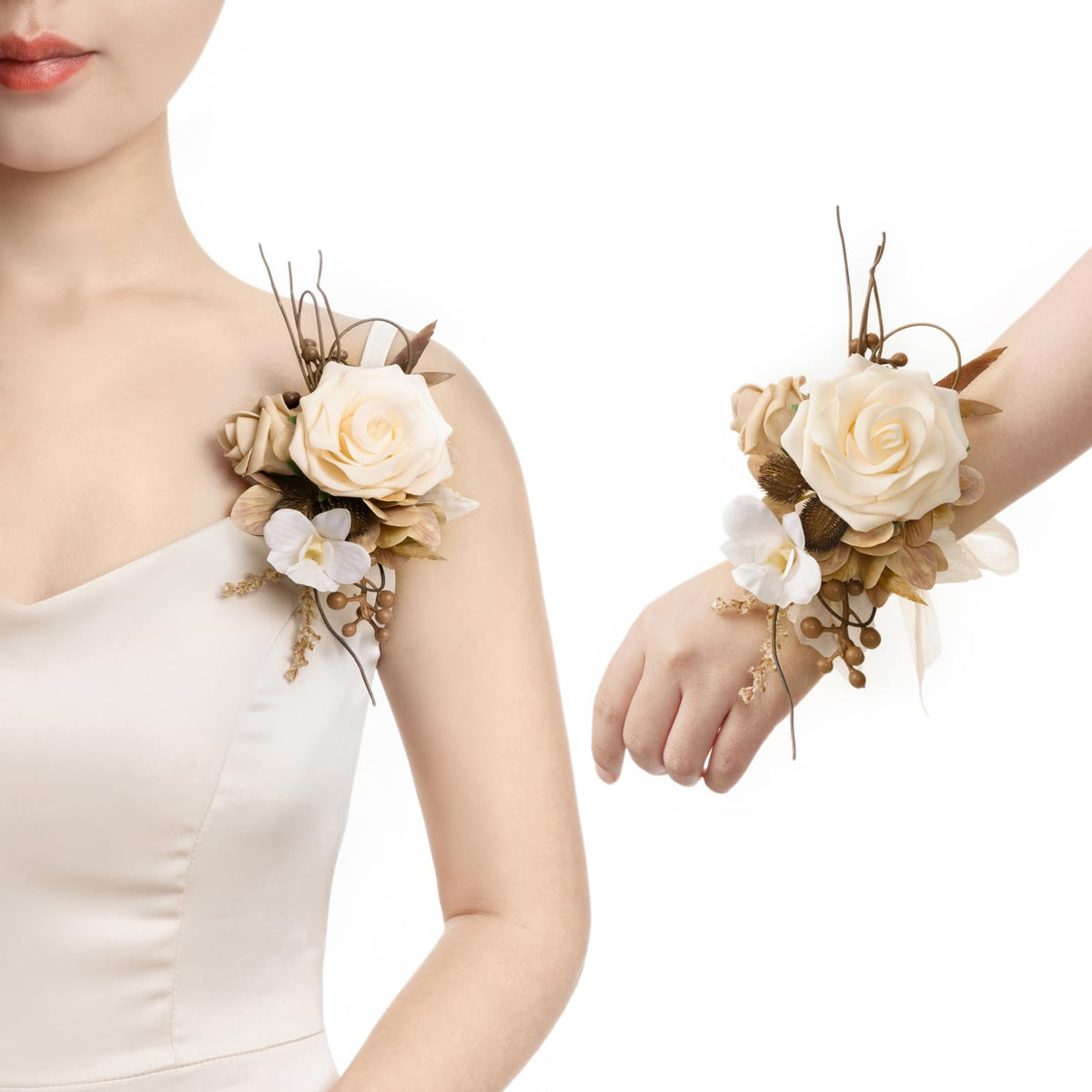 Ling's moment 2pcs Prom Wrist/Shoulder Corsage, Fall Terracotta