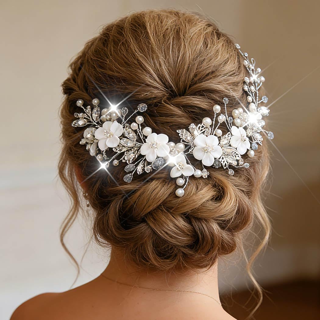 Catery Flower Bride Wedding Hair Vine Wedding Headpiece Bridal Hair Accessories for Brides and Women (Silver, One Size)