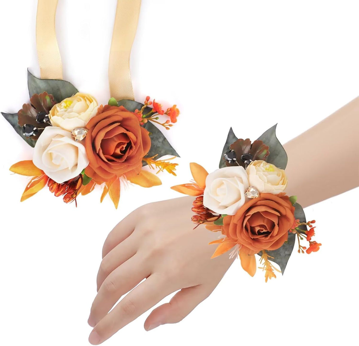Set of 6 Terracotta Flowers Wrist Corsage for Wedding Party Prom Corsages Wristlet Decor Orange Hand Flowers for Bridesmaid Girl Mother of The Bride