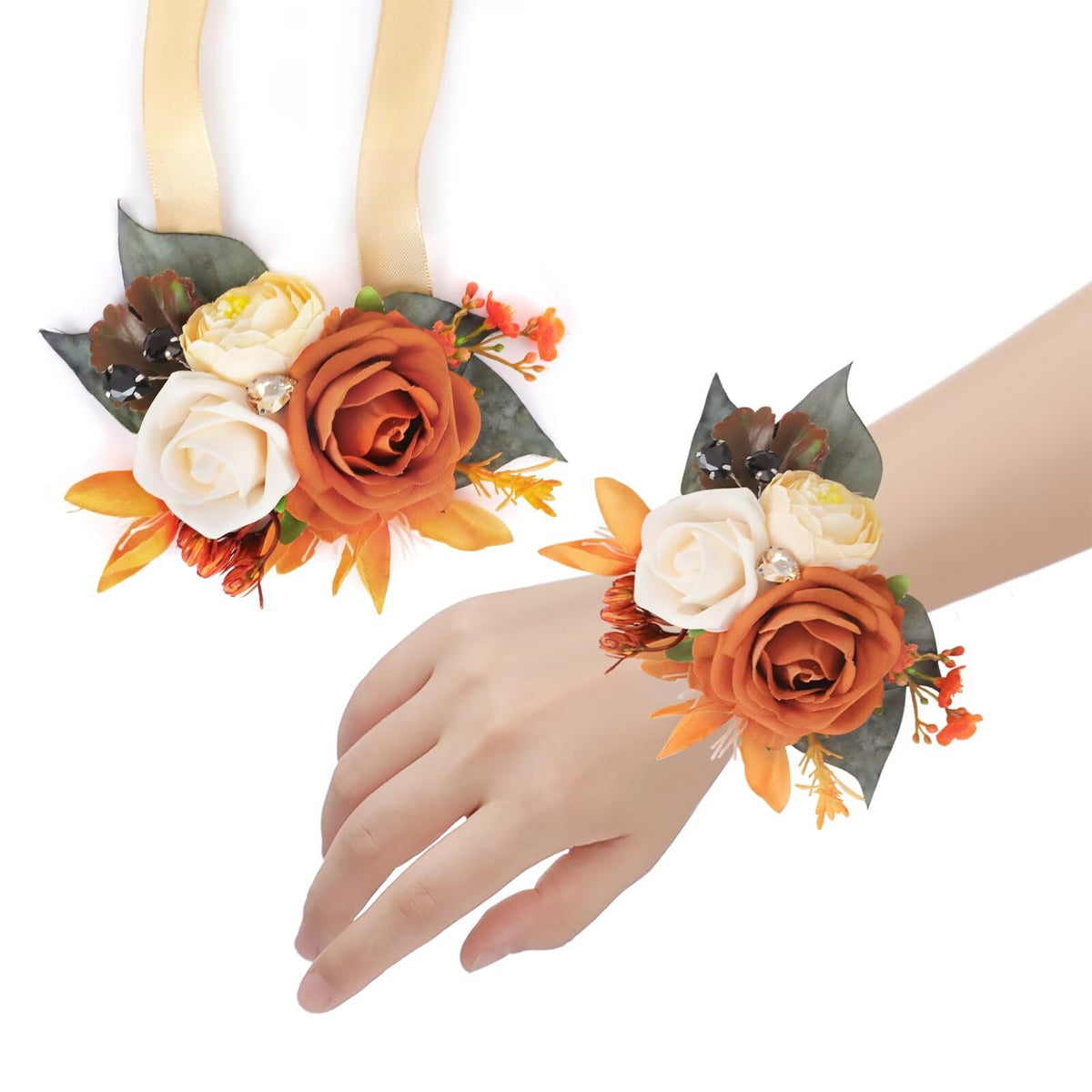 Set of 6 Terracotta Flowers Wrist Corsage for Wedding Party Prom Corsages Wristlet Decor Orange Hand Flowers for Bridesmaid Girl Mother of The Bride