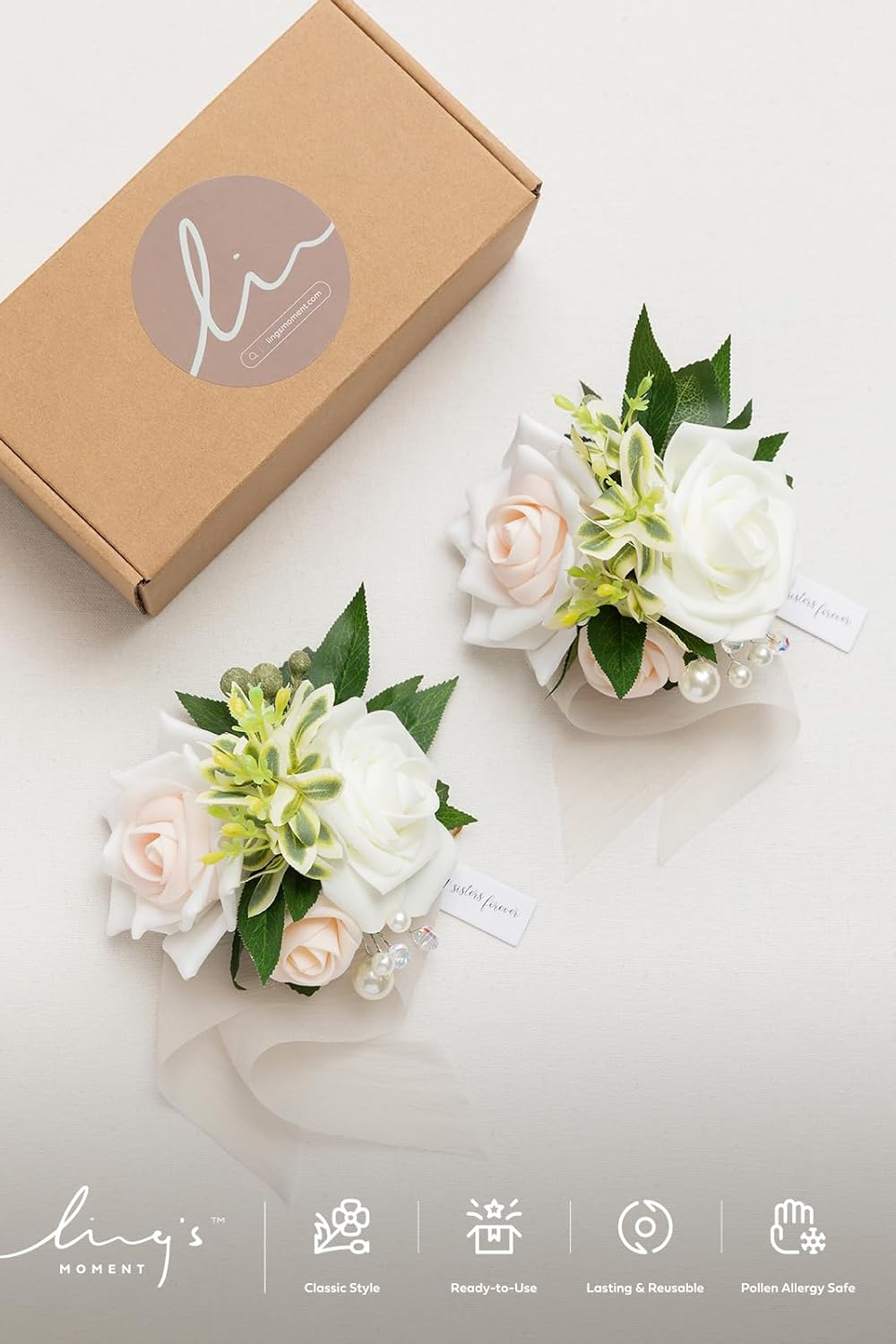 Ling's moment Corsage Wristlet, Prom Wrist Decor, White Ivory, 2pcs