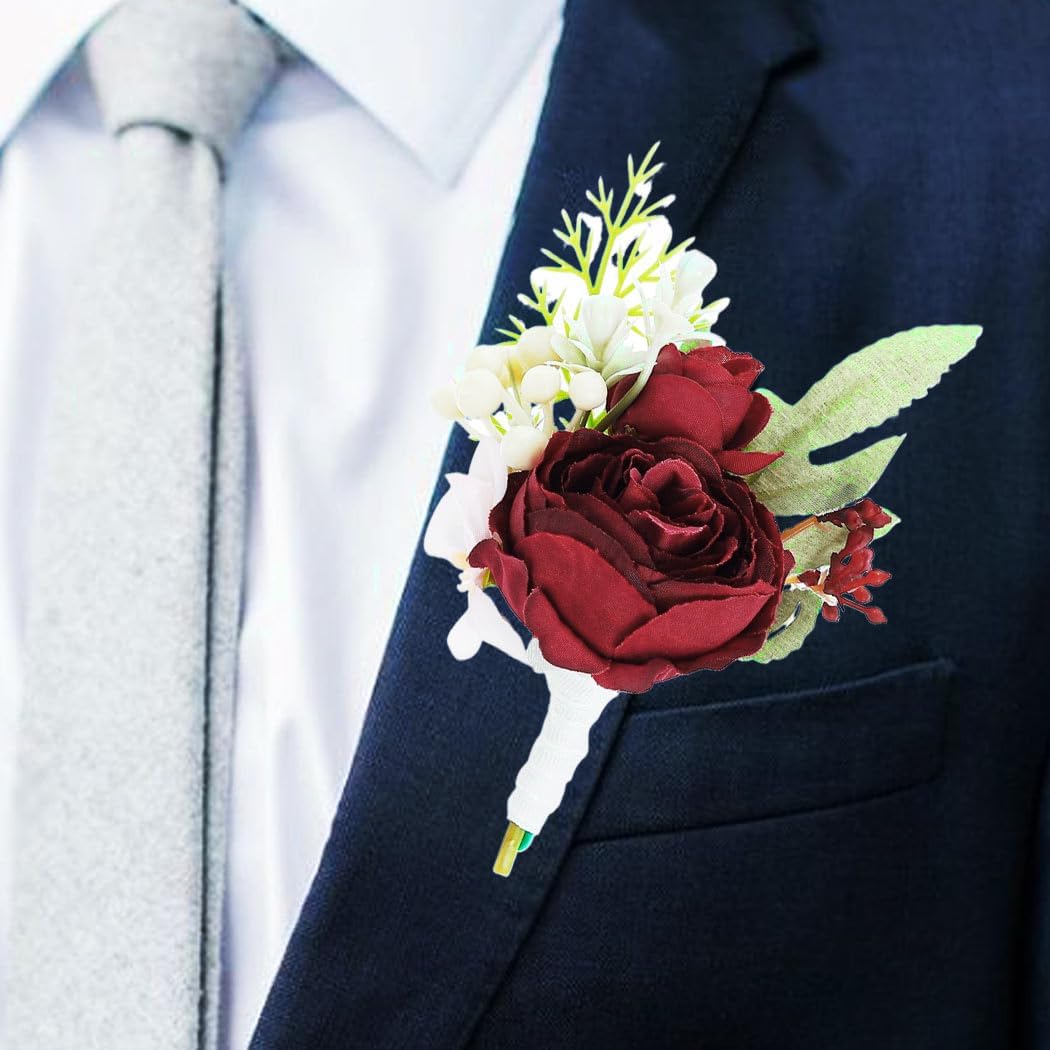 Bride Wedding Rose Boutonniere Groom Flower Buttonholes Prom Suit Decoration for Men and Groomsmans (Red)