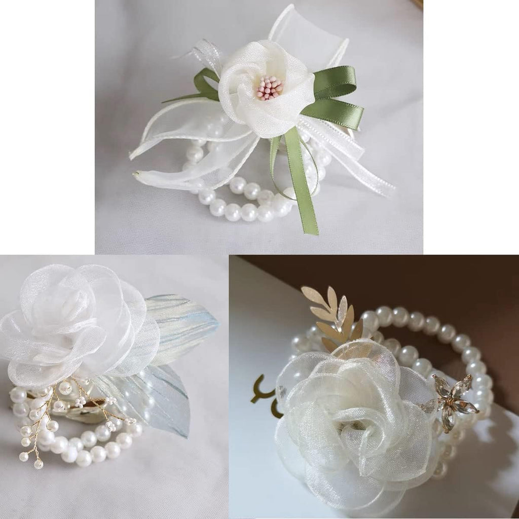 6PCS Pearl Wrist Corsage Bands Bride Elastic Pearl Wristband Corsage DIY Stretch Pearl Wedding Wrist Handmade Corsage Accessories for Wedding Party Bride Bridesmaid