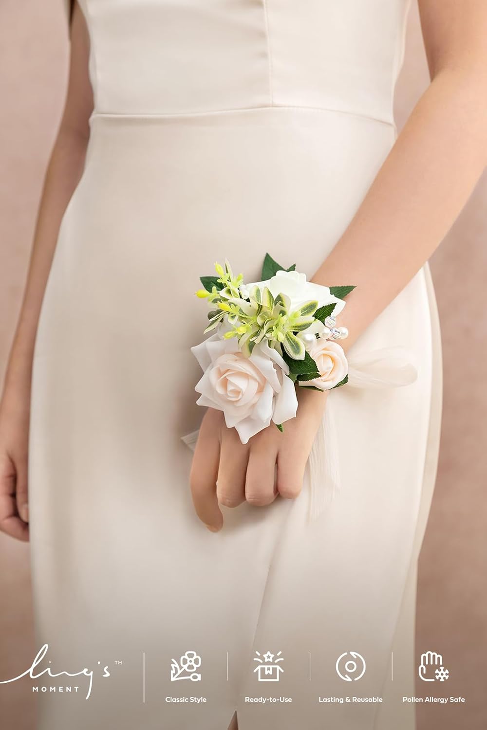Ling's moment Corsage Wristlet, Prom Wrist Decor, White Ivory, 2pcs