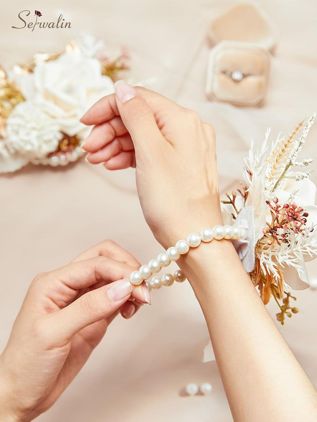 Serwalin 2Pcs Champagne Wrist Corsage Wristlet for Wedding Prom, 6-7Inch