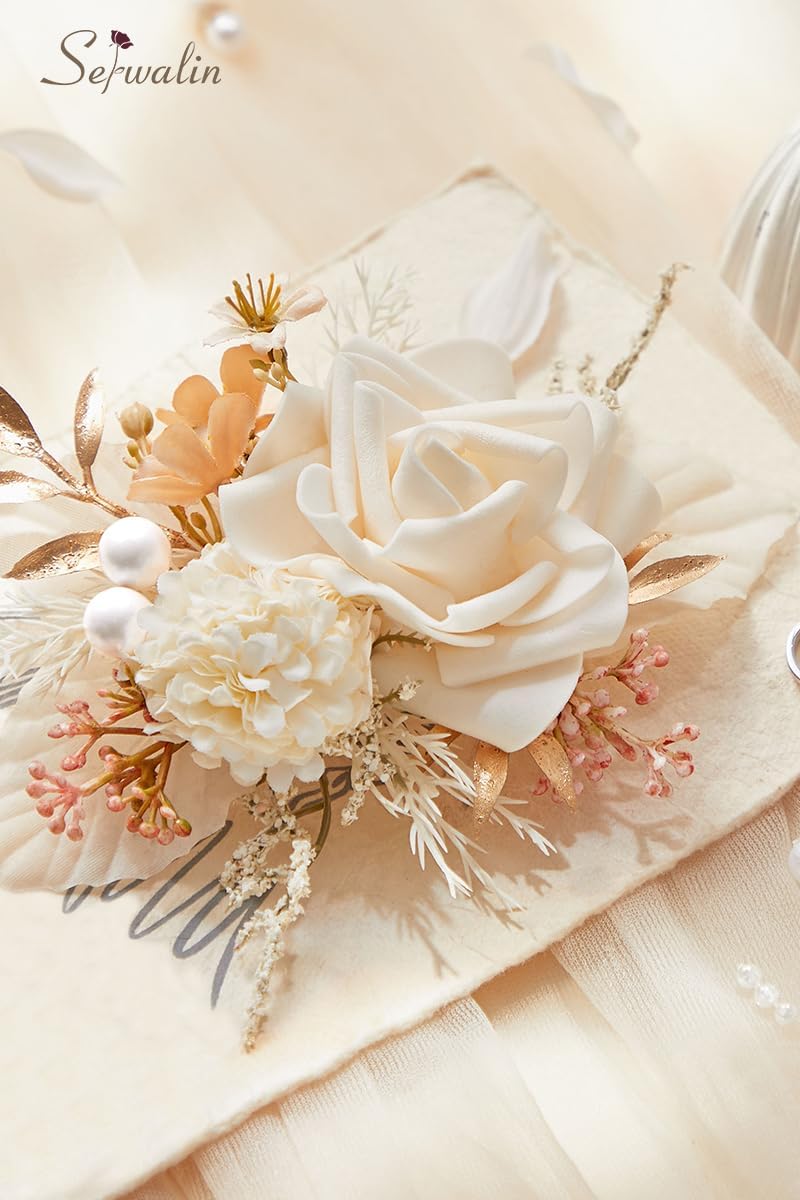 Serwalin 2Pcs Champagne Rose Boutonniere for Men Wedding Prom Party 6-7Inch