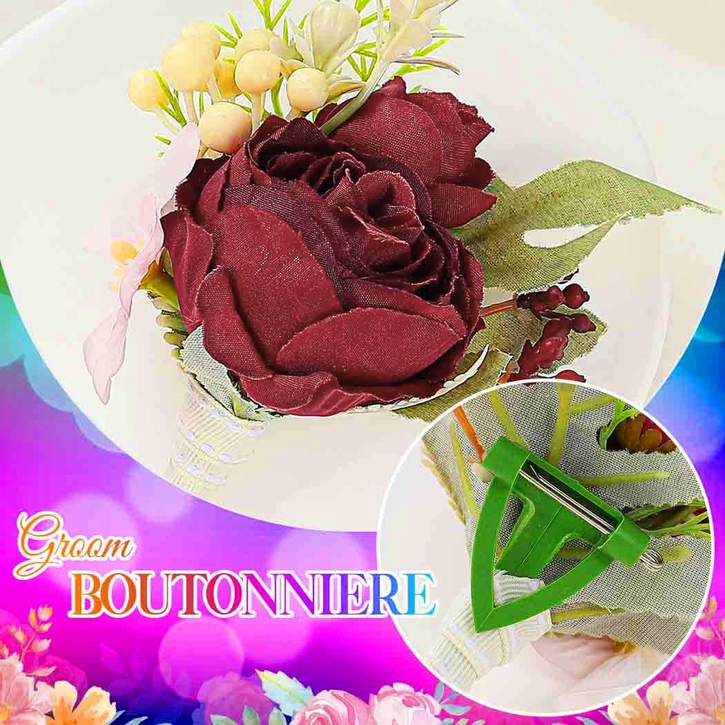 Bride Wedding Rose Boutonniere Groom Flower Buttonholes Prom Suit Decoration for Men and Groomsmans (Red)