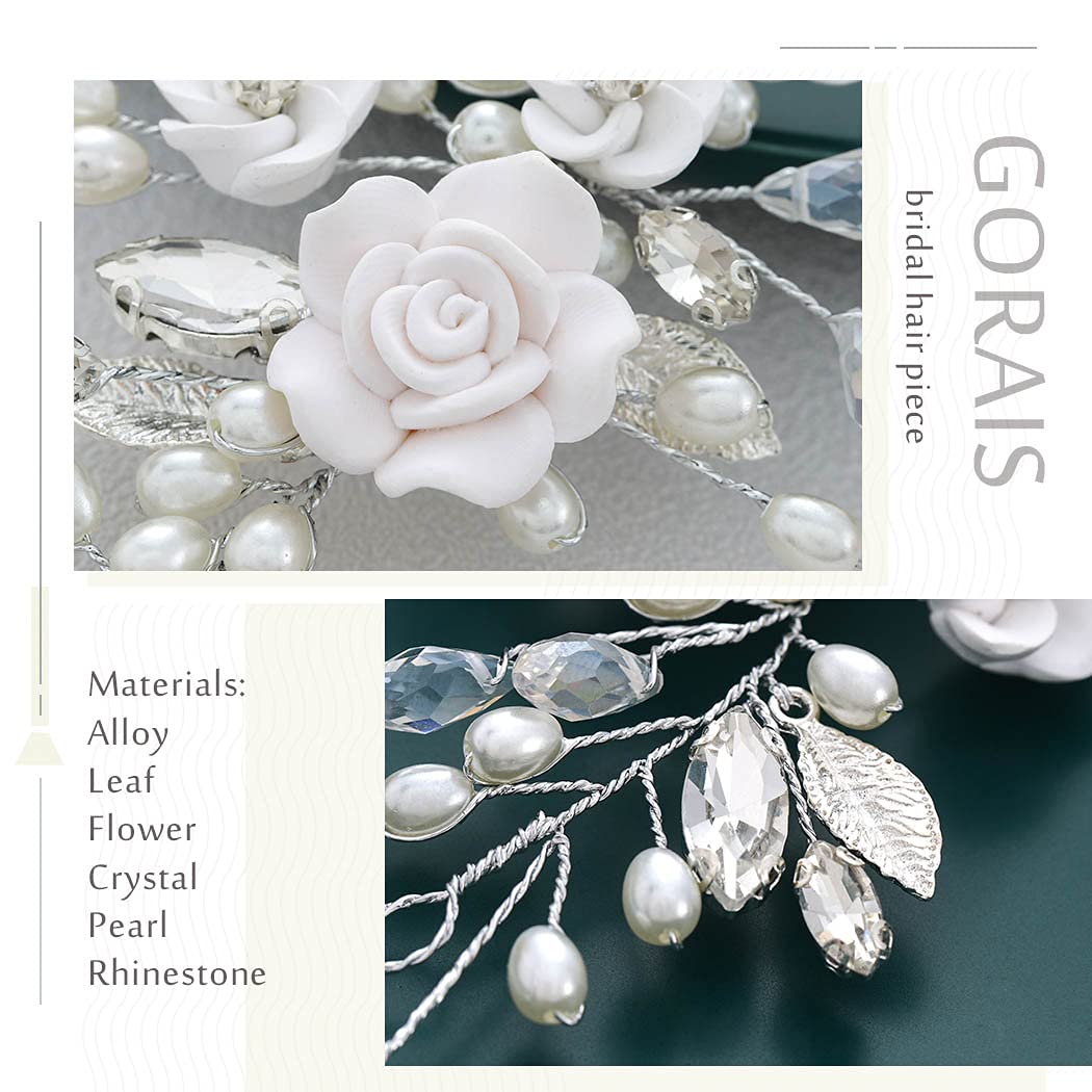 GORAIS Flower Wedding Hair Vine Pearl Bridal Hair Pieces Crystal Hair Accessories for Bride and Women