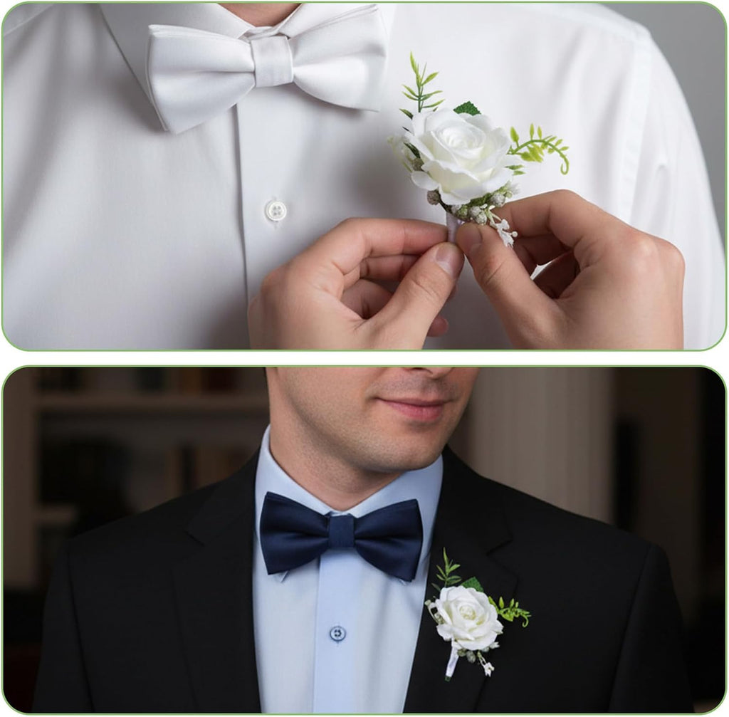 White Boutonniere for Men, Rose Groom Flower Buttonholes, Mens Boutonniere for Weddings Prom, Grooms Prom Party Suit Decoration Wedding Ceremony Anniversary Party Homecoming