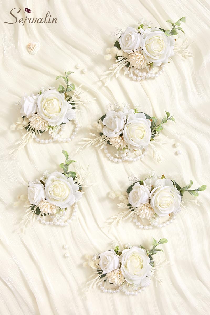 Serwalin 6 Pcs White Rose Wrist Corsage Wristlet for Wedding Prom Party