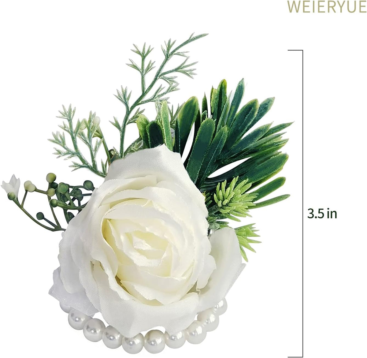 White Rose Wrist Flowers and Men's Corsage Wedding Flowers Ceremony,2Pcs Boutonniere Buttonholes and Wrist Corsage Wristband Roses Wrist Corsage (2pcs White Wrist Corsages)