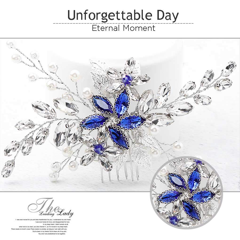 Olbye Wedding Hair Comb Blue Rhinestone Bridal Hair Accessories for Bride and Bridesmaids Wedding Hair Piece Silver