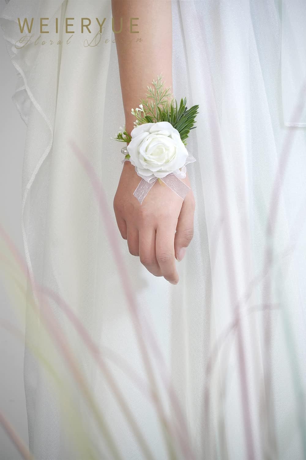 White Rose Wrist Flowers and Men's Corsage Wedding Flowers Ceremony,2Pcs Boutonniere Buttonholes and Wrist Corsage Wristband Roses Wrist Corsage (2pcs White Wrist Corsages)