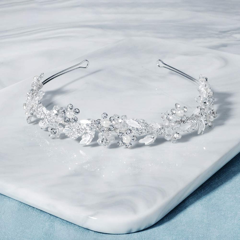 Oriamour Bridal headband Rhinestone Hair Band Bridal Headpieces for Bride Hair Jewelry Accessories (Silver)