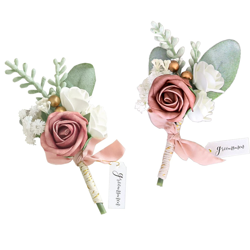 Lookein Set of 2 Wedding Boutonniere for Men Artificial Flowers Wedding Groom Groomsmen Boutonniere for Wedding Ceremony Anniversary Formal Dinner Party, Dusty Rose