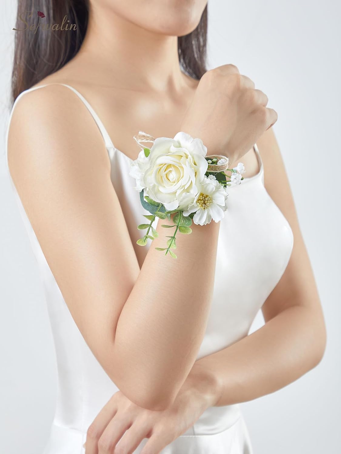Serwalin Ivory White Rose Corsage and Boutonniere Set for Wedding Prom