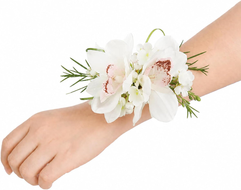 Rinlong 2Pcs White Orchid Wrist Corsage for Wedding, Prom, Homecoming