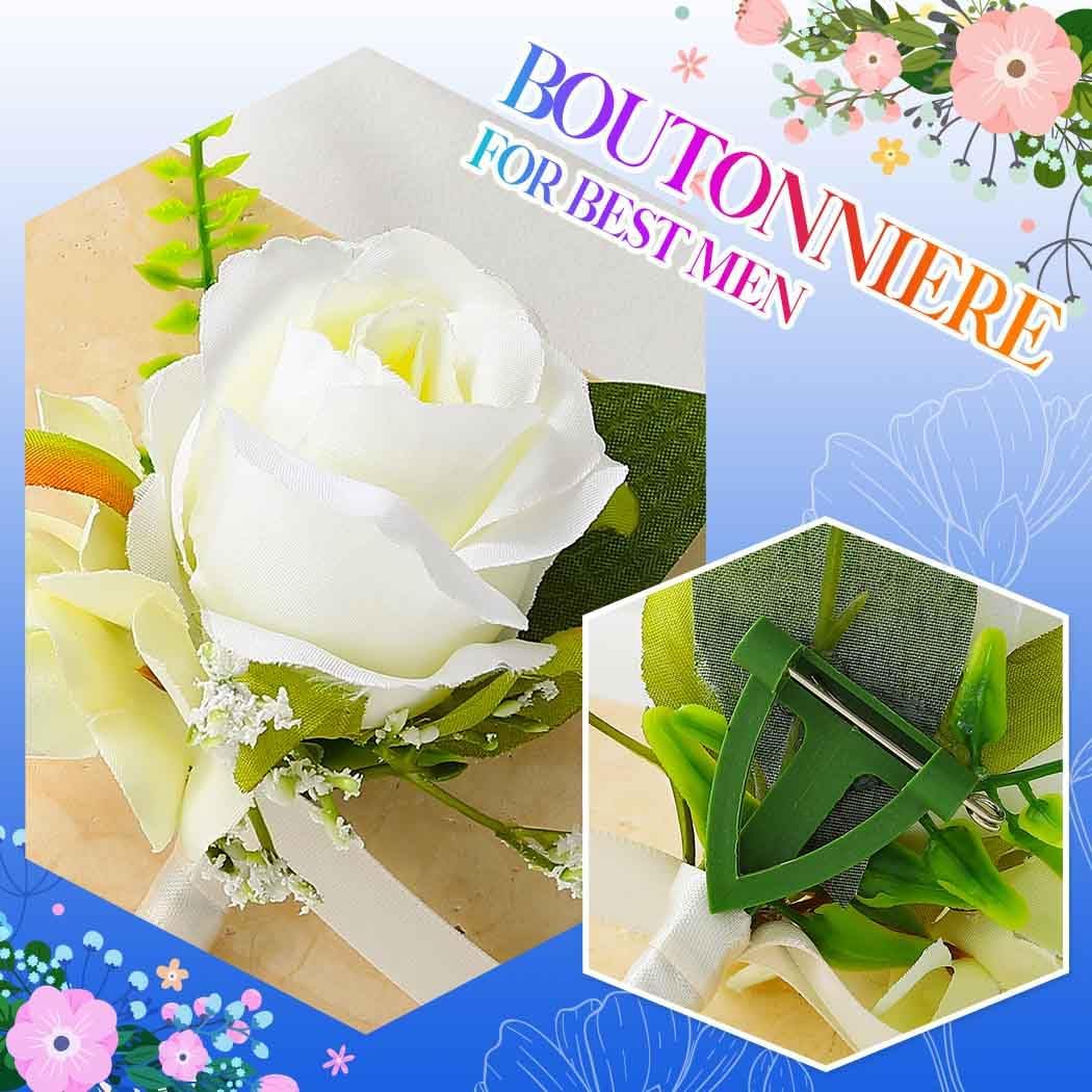 Catery White Rose Boutonniere for Men Flowers Boutonniere for Groom
