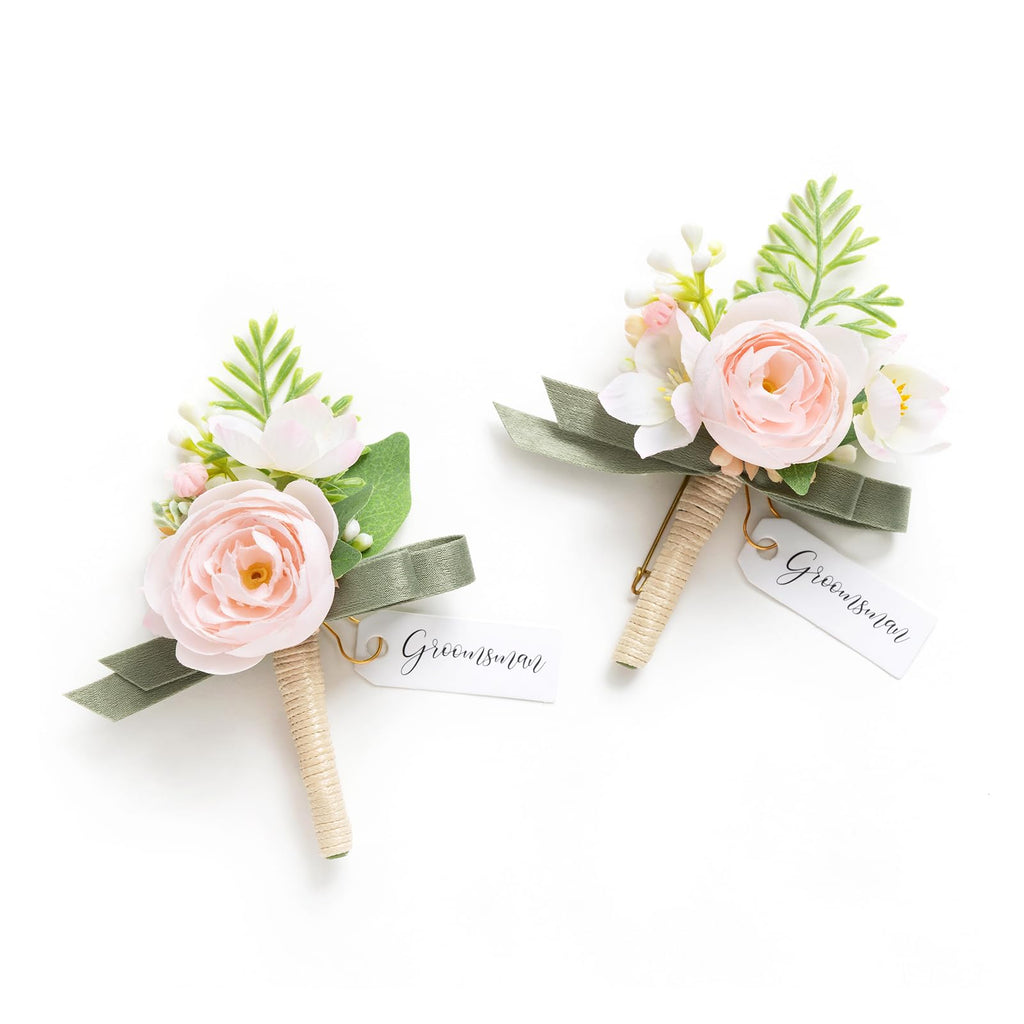 Ling's moment Boutonniere for Men, 2pcs, White Ivory