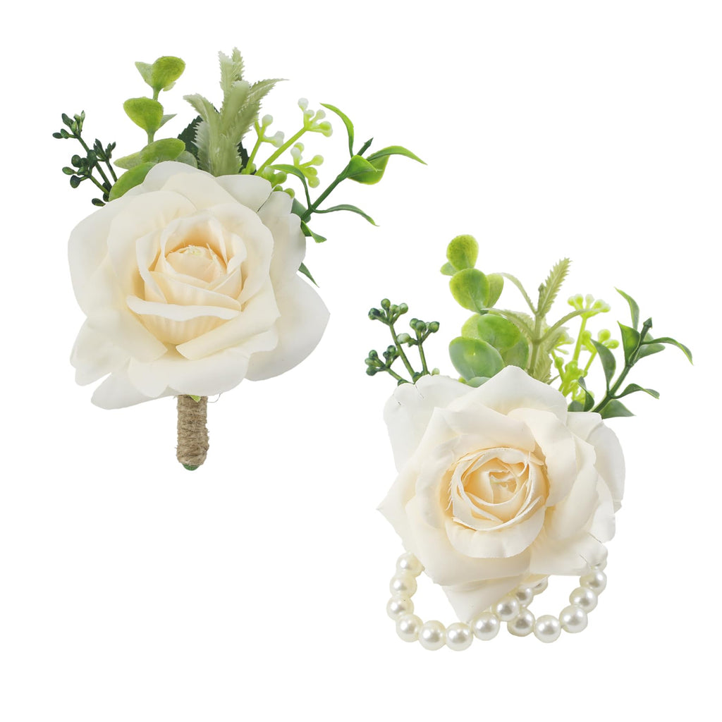 6Pcs Ivory White Faux Rose Wrist Corsages for Wedding, Dance Party