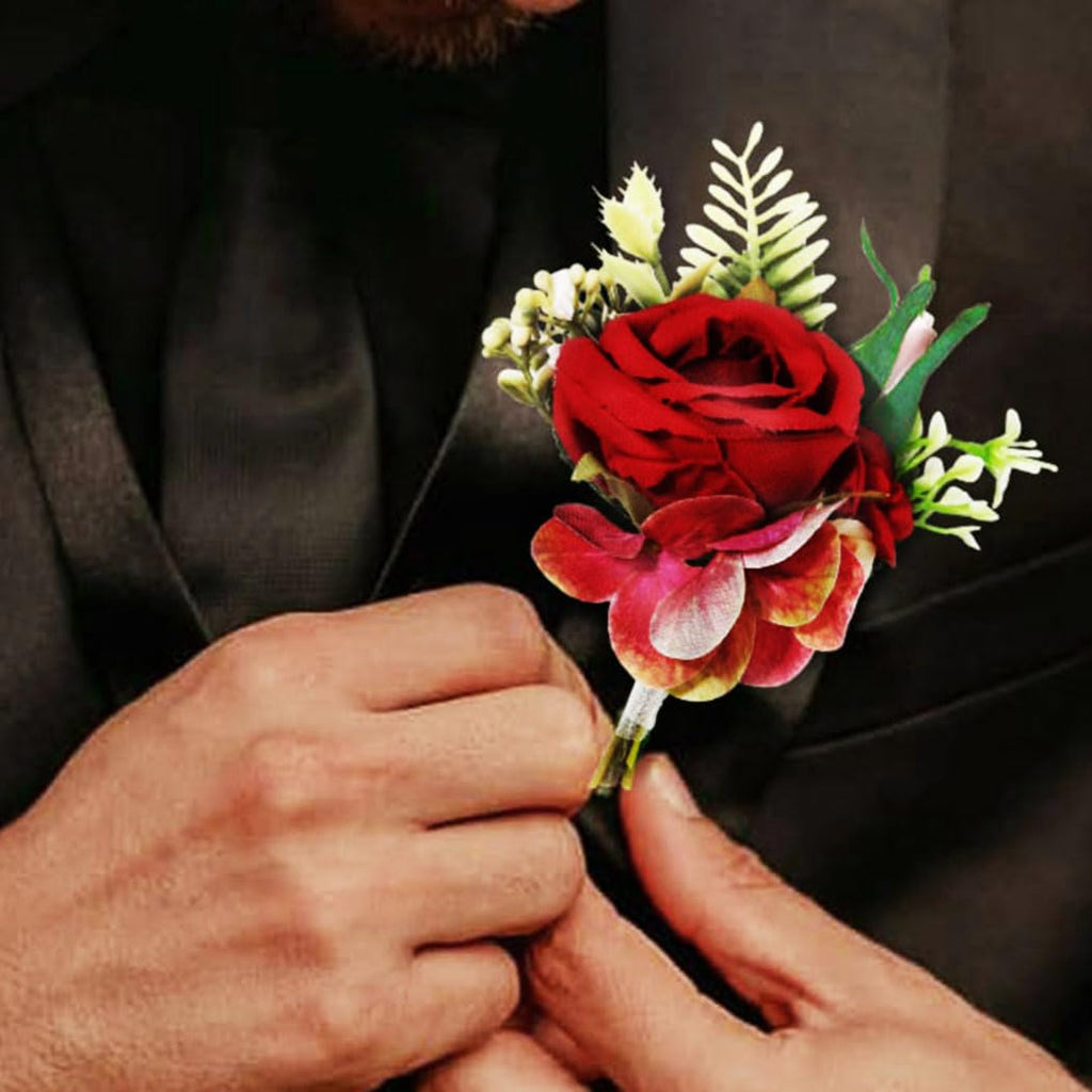 Wedding Flower Boutonniere White Groom Rose Buttonholes Men's Boutineer Party Suit Decoration Prom Anniversary Accessories for Groomsmans and Man (White)